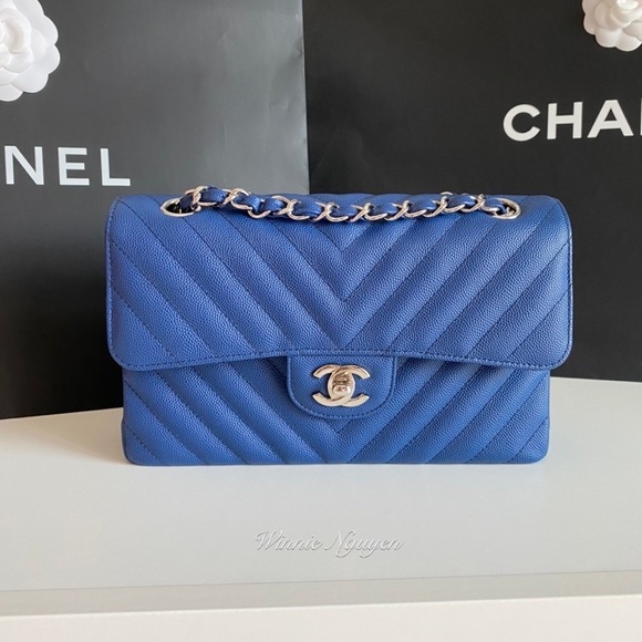 Like New Blue Chevron Small double flap in SHW - Picture 13 of 16